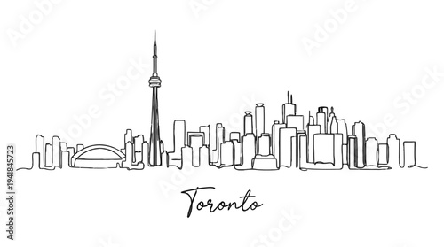 Elegant minimalist line art illustration capturing the iconic Toronto skyline with CN Tower and diverse cityscape features