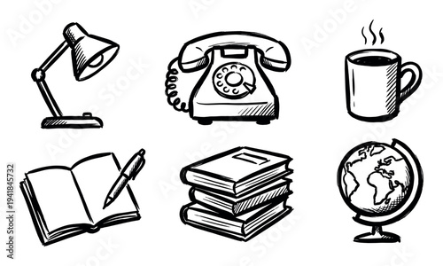 Set of six hand-drawn office and study icons featuring a desk lamp, rotary telephone, steaming mug, books, pen, and a globe in a simple black and white sketch style