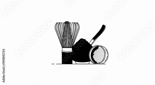 Traditional matcha tea preparation tools including whisk, powder, and sieve