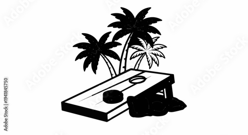 Tropical setting with palm trees and a cornhole game board and bags