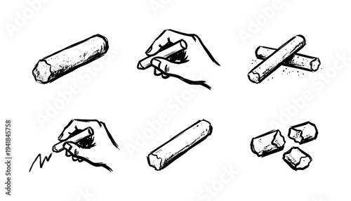Set of hand-drawn chalk stick icons showing whole, broken, and held pieces for drawing on a blackboard, presented in a black and white graphic sketch illustration