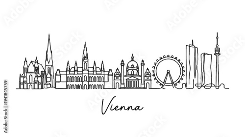 Elegant minimalist black and white line drawing of Vienna's iconic skyline including historic landmarks and modern structures
