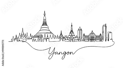 Elegant Line Drawing of Yangon Skyline Featuring Historic and Modern Architecture Full of Cultural Significance
