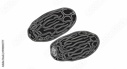 Two abstract dried fruit shapes with dark bodies and white line textures