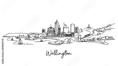 Minimalist Line Drawing of Wellington Cityscape Highlighting Urban and Coastal Elements