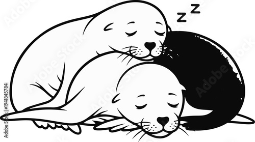 Two adorable seals cuddling and sleeping peacefully, dreaming of naps