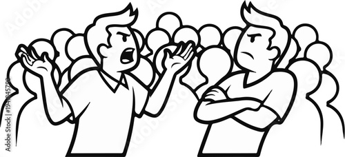 Two angry men with fists raised in a crowd, arguing loudly