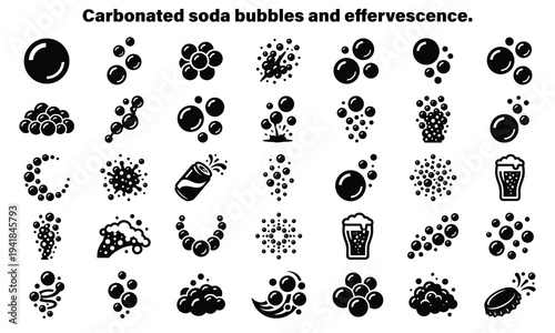 Carbonated soda bubbles and effervescence icons set