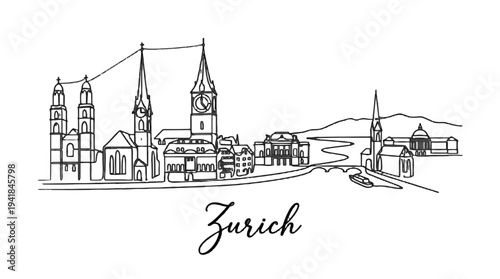 Elegant minimalist line art capturing Zurich's historic cityscape with landmarks and scenic environment
