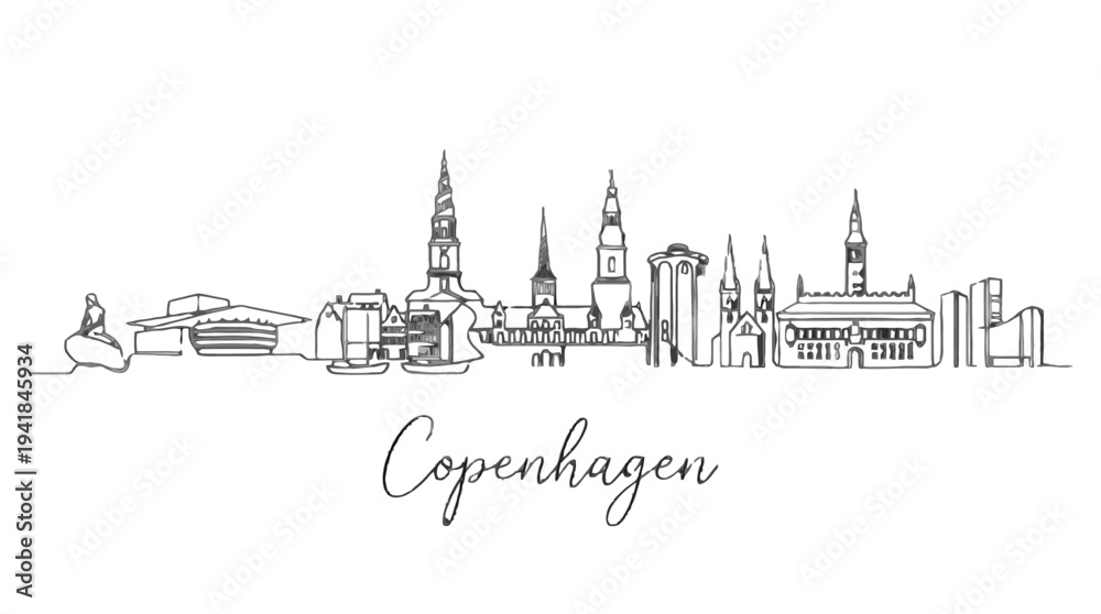 Naklejka premium Minimalist Copenhagen Skyline Illustration Emphasizing Iconic Architectural Landmarks for Urban Art and Design Projects