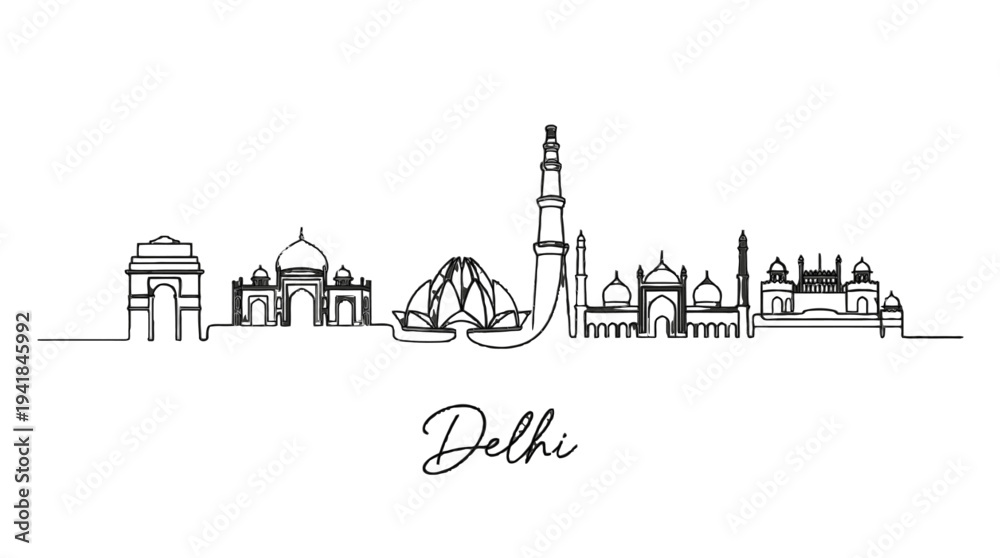 Obraz premium Minimalist Line Art Illustration of Delhi Skyline Featuring Iconic Monuments and Architectural Landmarks
