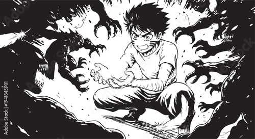 Black and white manga style illustration of a boy surrounded by dark creatures