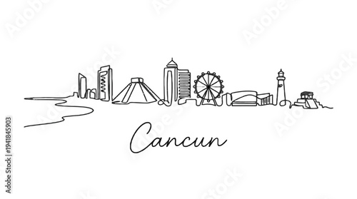 Minimalist One-Line Illustration of Cancun Skyline Featuring Iconic Landmarks and Coastal Views