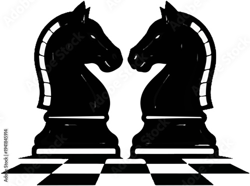 Two black chess knights face each other on a checkered board