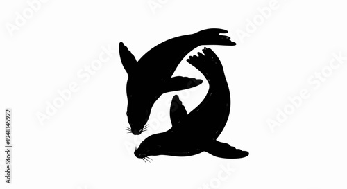 Two black seals in a swirling, stylized silhouette on a white background