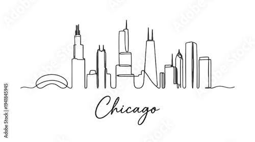 Minimalist Chicago skyline illustration featuring iconic skyscrapers and cityscape elements in a sleek line art style capturing