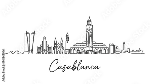 Elegant Line Drawing Depiction of Casablanca's Iconic City Skyline Featuring Architectural Landmarks and Unique Urban Silhouette