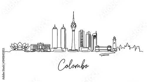 Minimalist Line Art Illustration of Colombo Skyline Featuring Landmarks and Cityscape Elements
