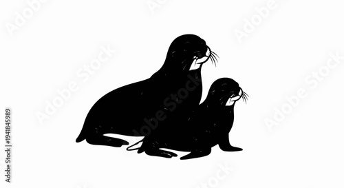 Two black seals, one larger, rest on a white background
