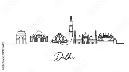 Minimalist Line Art Illustration of Delhi Skyline Featuring Iconic Monuments and Architectural Landmarks