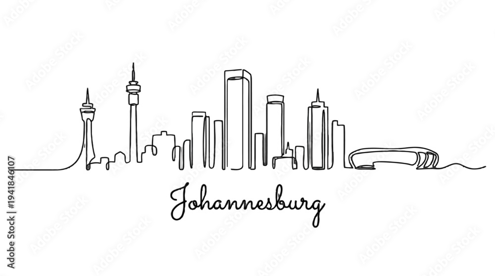 Naklejka premium Minimalist line drawing of Johannesburg skyline highlighting iconic skyscrapers and landmarks in black ink