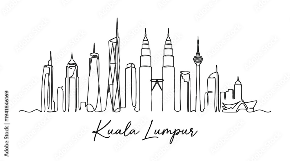 Fototapeta premium Minimalist Line Art Illustration of Kuala Lumpur?s Iconic Skyline Featuring Tall Skyscrapers and Famous Landmarks