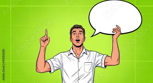Excited man holding a speech bubble and pointing upwards