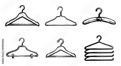 Set of six hand-drawn clothes hangers in various styles, including wood, wire, and padded, rendered in a black ink sketch illustration style for fashion or home concepts