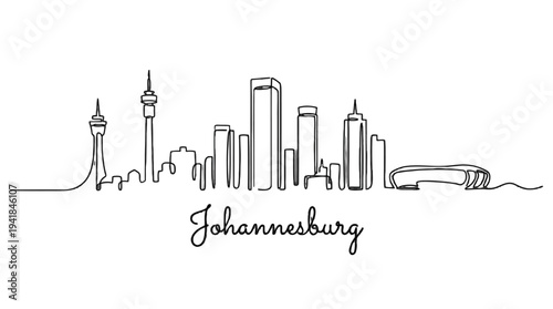 Minimalist line drawing of Johannesburg skyline highlighting iconic skyscrapers and landmarks in black ink