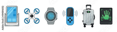 Set of modern technology gadget icons including a smart mirror, drone, AI smartwatch, remote, luggage, and biometric scanner in a flat cartoon illustration style