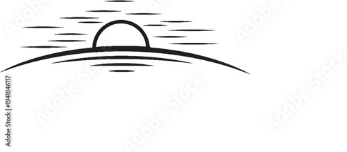 Stylized sunrise over water with horizontal lines suggesting waves or rays