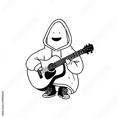 Smiling Cartoon Character Playing Acoustic Guitar in Hoodie