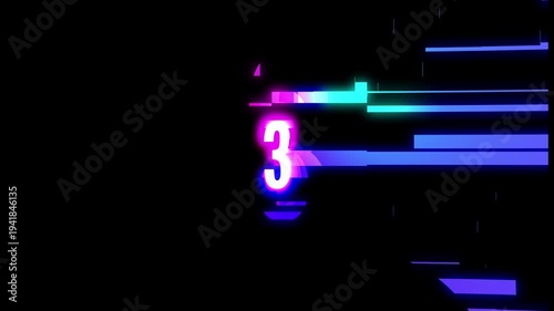 A glowing, glitchy number 5 second countdown with colorful horizontal streaking lines on a dark background, creating a futuristic digital effect.
