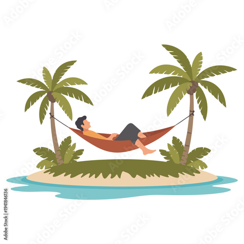A serene vector illustration of a person relaxing in a hammock on a tropical island with palm trees