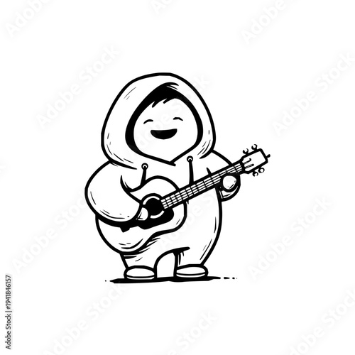 Smiling Cartoon Character Playing Guitar