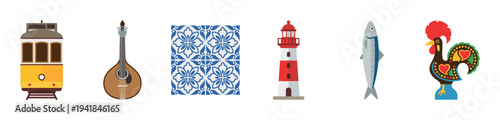 Collection of traditional cultural travel symbols including a vintage yellow tram, stringed guitar, ceramic tile pattern, lighthouse, sardine fish, and a colorful rooster figure