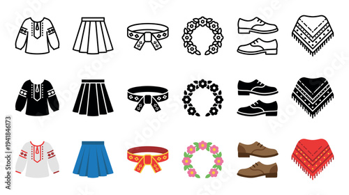 Traditional folk costume vector icon collection showing an embroidered shirt, skirt, belt, floral wreath, shoes, and poncho in three different styles: line, glyph, and flat color