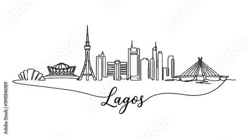 Minimalist Line Art Illustration Depicting Lagos Skyline with Landmarks and Cityscape Features