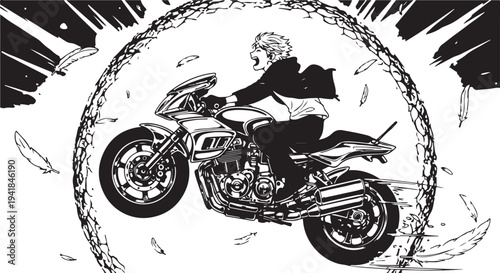 Vector motorcycle rider icon in black and white