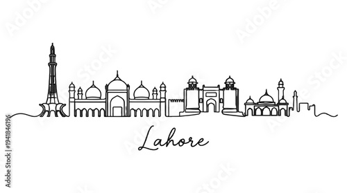 Minimalist Line Drawing of Lahore Skyline Featuring Iconic Architectural Landmarks and Bright City Elements