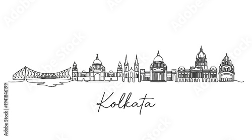 Minimalistic Black and White Line Art Illustration Depicting the Iconic Skyline of Kolkata Featuring Landmarks and Architectural