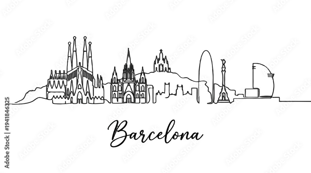 Fototapeta premium Minimalist Line Drawing of Barcelona's Iconic Landmarks Featuring Sagrada Familia and Marvelous City Skyline in Elegance