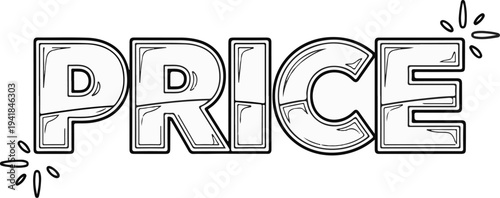 Stylized word PRICE in black and white, outlined, with decorative elements