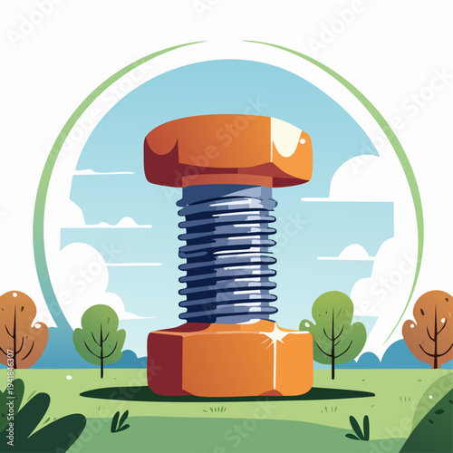 Large Orange Bolt and Nut Illustration.