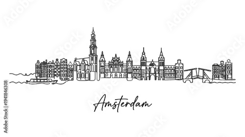 Minimalist black and white skyline illustration of Amsterdam showcasing historic architecture and iconic bridges capturing the