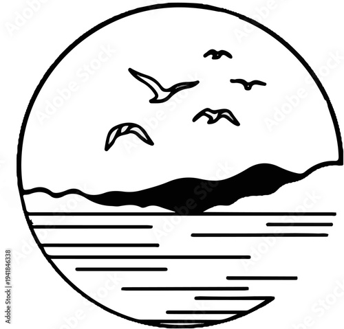 Stylized natural scene with birds flying over water and land