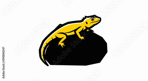Stylized yellow lizard with black outline on a black rock