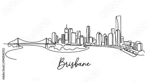 Elegant minimalist black and white line drawing showcasing the Brisbane city skyline featuring iconic high-rise buildings and a