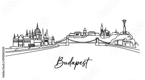 Minimalist Black and White Line Drawing of Budapest's Iconic Cityscape Featuring Parliament and Castle Hill