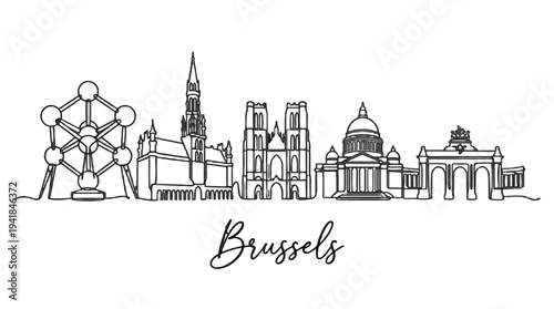 Minimalist line art of Brussels skyline featuring iconic architecture and landmarks in a sleek monochrome style